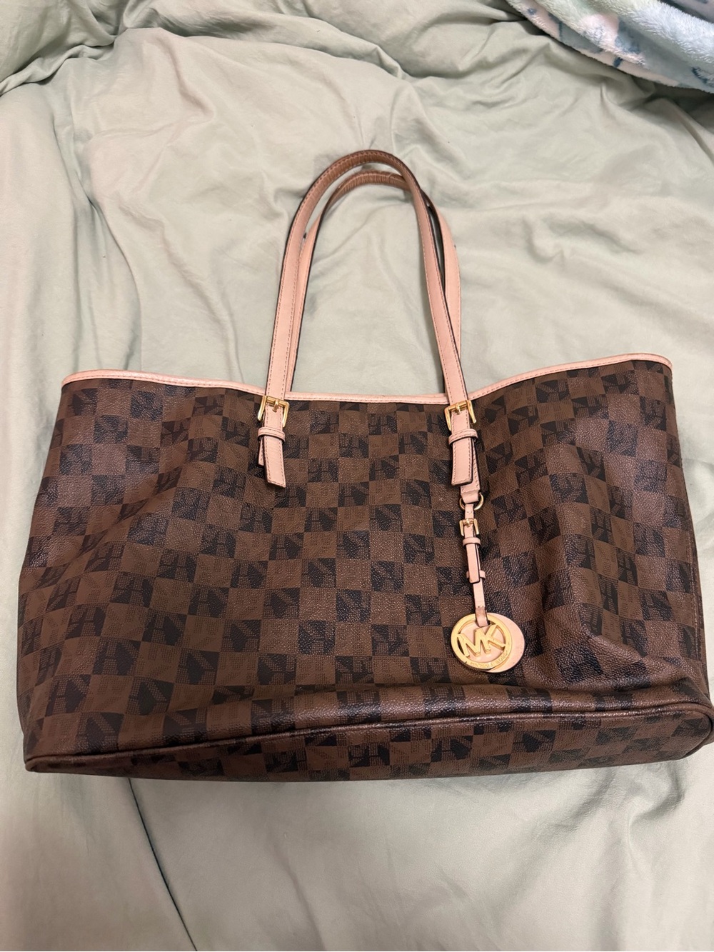 Michael Kors Brown Check Tote with Pink Trim and Gold Charm